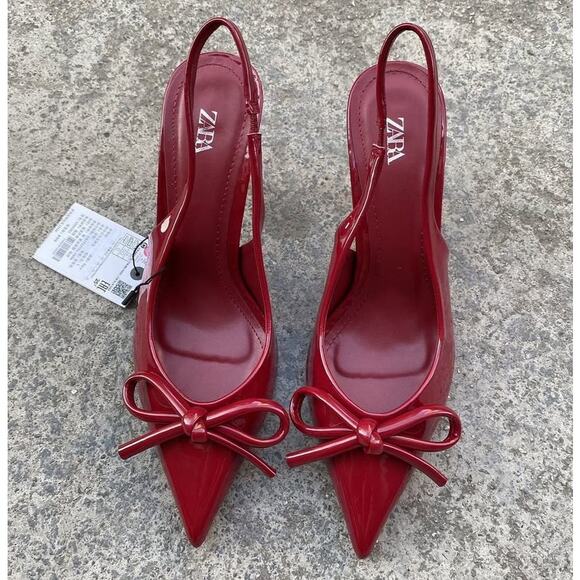 ZARA Patent Pointed Toe Slingback Heels NWT – Red Bow Pumps, Size 6.5–10 - Picture 5 of 16